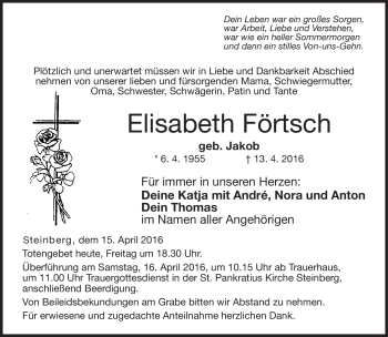 Traueranzeige von Elisabeth Förtsch von Neue Presse Coburg
