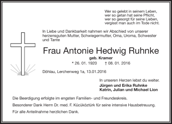 Traueranzeige von Antonie Hedwig Ruhnke von Frankenpost