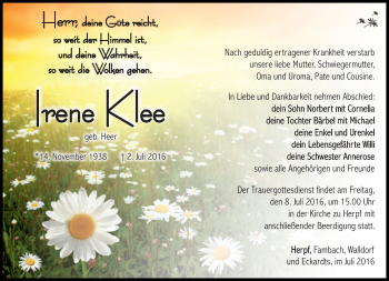 Traueranzeige von Irene Klee von Südthüringer Presse