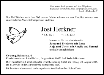 Traueranzeige von Jost Herkner von Neue Presse Coburg