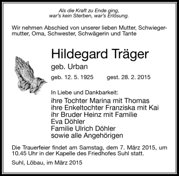 Traueranzeige von Hildegard Träger von Südthüringer Presse