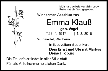 Traueranzeige von Emma Klaus von Frankenpost