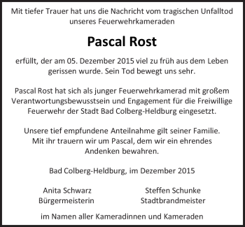 Traueranzeige von Pascal Rost von Südthüringer Presse