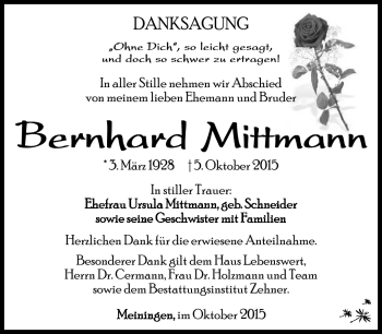 Traueranzeige von Berndhard Mittmann von Südthüringer Presse