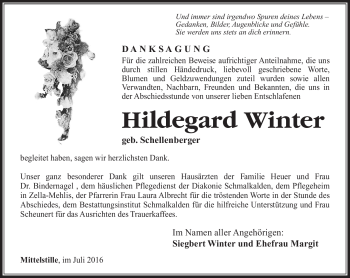 Traueranzeige von Hildegard Winter von Südthüringer Presse