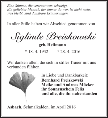 Traueranzeige von Siglinde Preiskowski von Südthüringer Presse