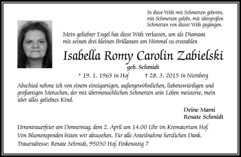 Traueranzeige von Isabella Romy Carolin Zabielski von Frankenpost