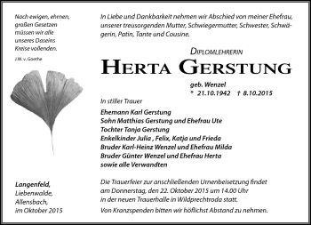 Traueranzeige von Herta Gerstung von Südthüringer Presse