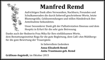 Traueranzeige von Manfred Remd von Südthüringer Presse