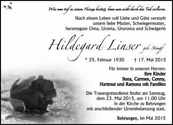 Traueranzeige von Hildegard Linser von Südthüringer Presse