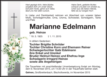 Traueranzeige von Marianne Edelmann von Südthüringer Presse
