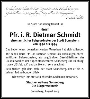 Traueranzeige von Dietmar Schmidt von Südthüringer Presse
