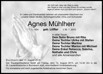 Traueranzeige von Agnes Mühlherr von Neue Presse Coburg