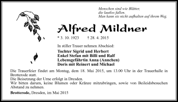 Traueranzeige von Alfred Mildner von Südthüringer Presse