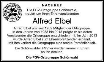 Traueranzeige von Alfred Elbel von Frankenpost