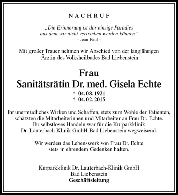 Traueranzeige von Gisela Echte von Südthüringer Presse