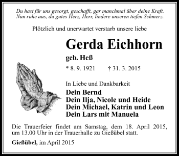 Traueranzeige von Gerda Eichhorn von Südthüringer Presse