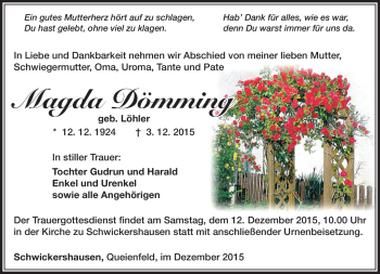 Traueranzeige von Magda Dömming von Südthüringer Presse