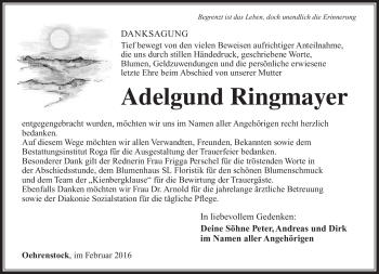 Traueranzeige von Adelgund Ringmayer von Südthüringer Presse