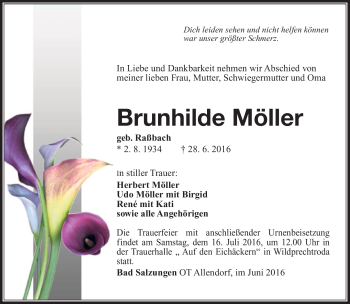 Traueranzeige von Brunhilde Möller von Südthüringer Presse