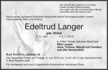 Traueranzeige von Edeltrud Langer von Neue Presse Coburg