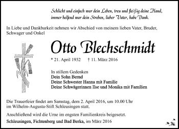 Traueranzeige von Otto Blechschmidt von Südthüringer Presse