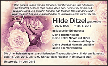 Traueranzeige von Hilde Ditzel von Südthüringer Presse
