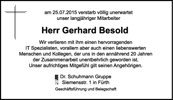 Traueranzeige von Gerhard Besold von Frankenpost