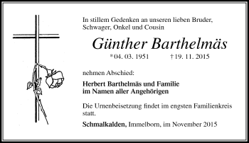 Traueranzeige von Günther Barthemäs von Südthüringer Presse