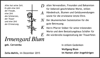 Traueranzeige von Irmengard Blum von Südthüringer Presse