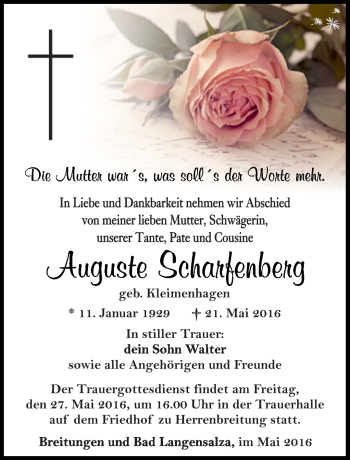 Traueranzeige von Auguste Scharfenberg von Südthüringer Presse