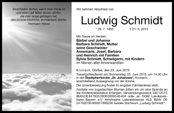 Traueranzeige von Ludwig Schmidt von Neue Presse Coburg