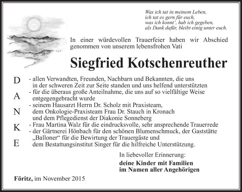  Traueranzeige für Siegfried Kotschenreuther vom 04.11.2015 aus Südthüringer Presse