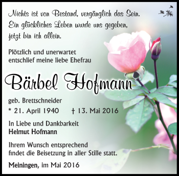 Traueranzeige von Bärbel Hofmann von Südthüringer Presse
