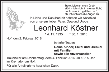 Traueranzeige von Leonhard Köstner von Frankenpost