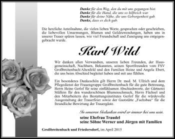 Traueranzeige von Karl Wild von Südthüringer Presse