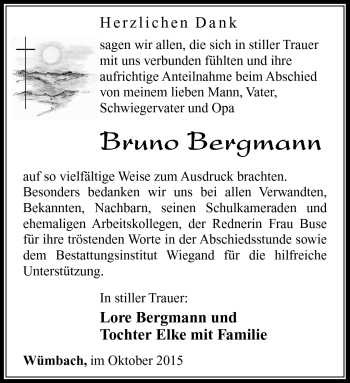 Traueranzeige von Bruno Bergmann von Südthüringer Presse