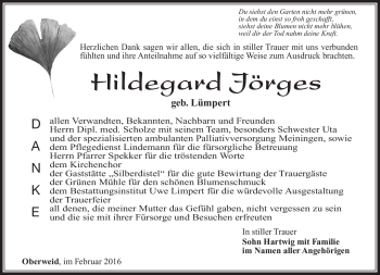 Traueranzeige von Hildegard Jörges von Südthüringer Presse