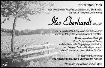 Traueranzeige von Ilse Eberhardt von Südthüringer Presse