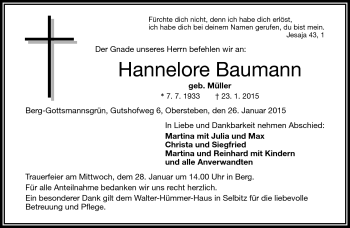 Traueranzeige von Hannelore Baumann von Frankenpost