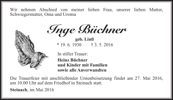 Traueranzeige von Inge Büchner von Südthüringer Presse