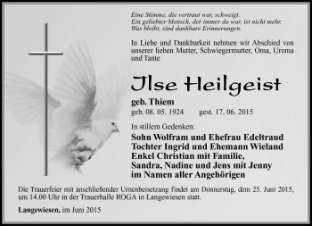 Traueranzeige von Ilse Heilgeist von Südthüringer Presse