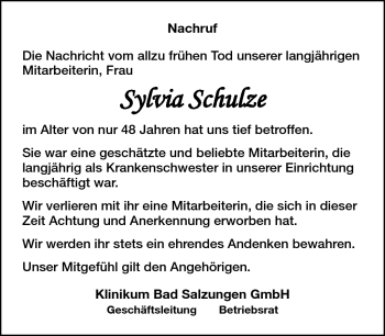 Traueranzeige von Sylvia Schulze von Südthüringer Presse