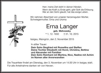 Traueranzeige von Erna Langer von Frankenpost