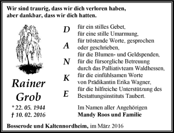 Traueranzeige von Rainer Grob von Südthüringer Presse