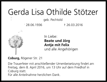 Traueranzeige von Gerda Lisa Othilde Stötzer von Neue Presse Coburg