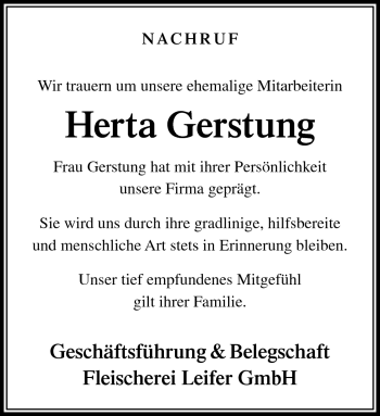 Traueranzeige von Herta Gerstung von Südthüringer Presse