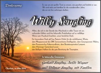 Traueranzeige von Willy Seugling von Südthüringer Presse