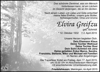 Traueranzeige von Elvira Greifzu von Südthüringer Presse
