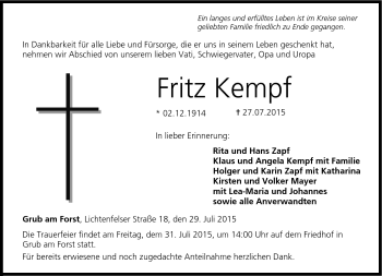 Traueranzeige von Fritz Kempf von Neue Presse Coburg